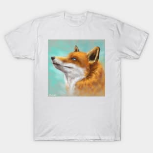 Painting of a Red Fox Looking to the Left with Turquoise Background T-Shirt